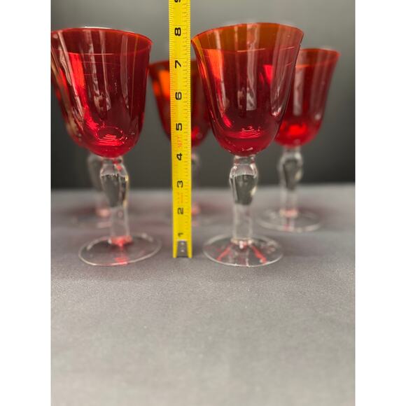Set of 5 Handblown Ruby Red Bell-Shaped Goblets with Clear Stems – Elegant - Picture 12 of 12